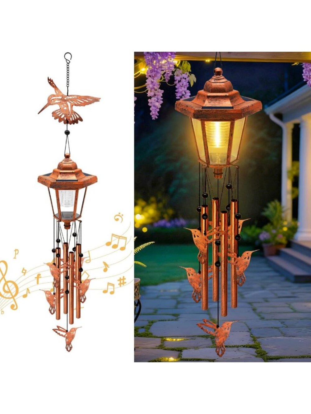 Large Solar Hummingbird Wind Chimes - Perfect Outdoor Garden Decor Gift for Her